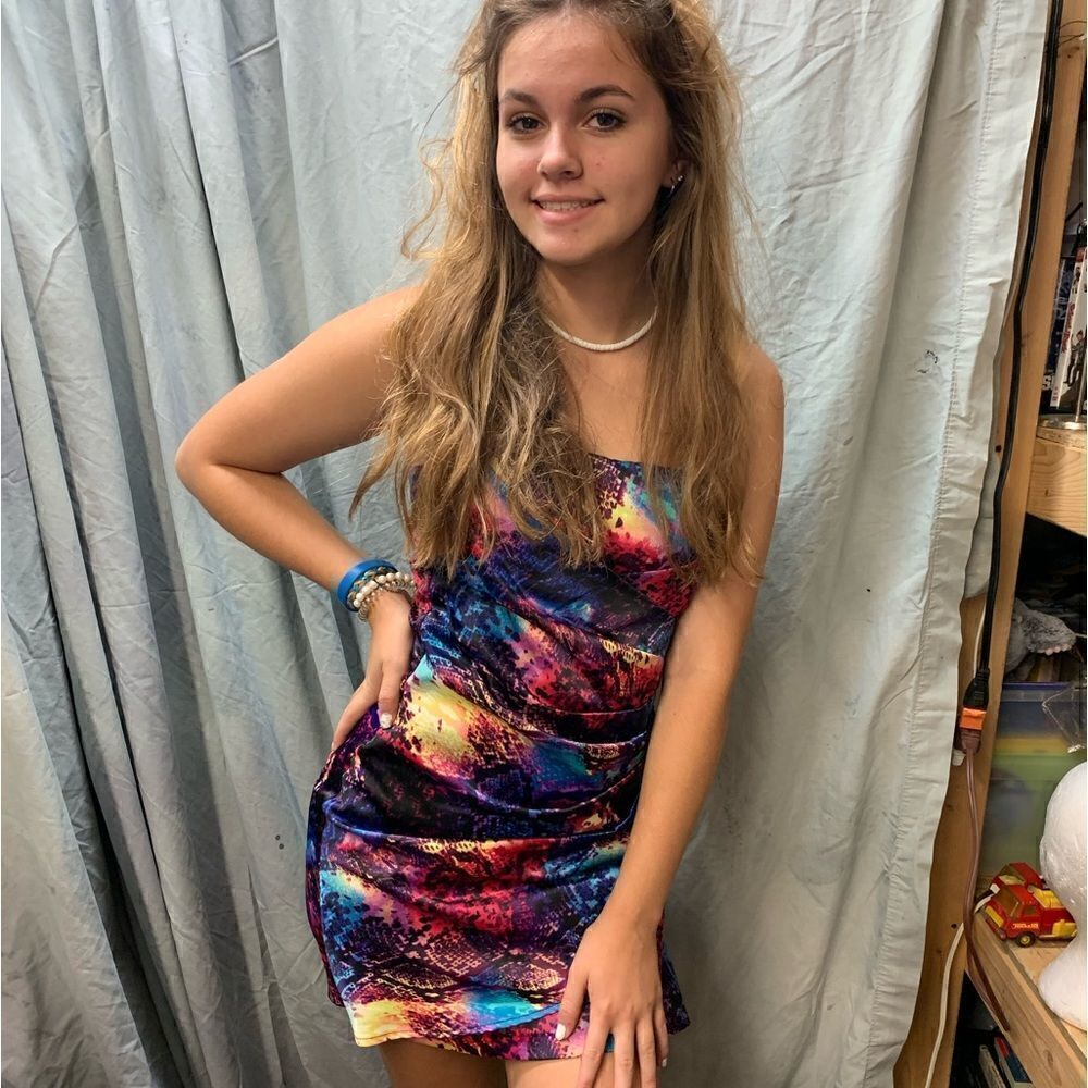 Speechless 90s rainbow snakeskin print Satin Strapless dress